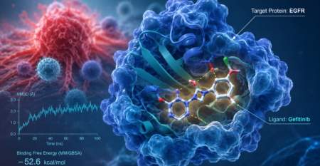 Computational cancer drug discovery showing EGFR target protein, Gefitinib ligand docking, molecular dynamics RMSD graph, and MM/GBSA binding free energy analysis