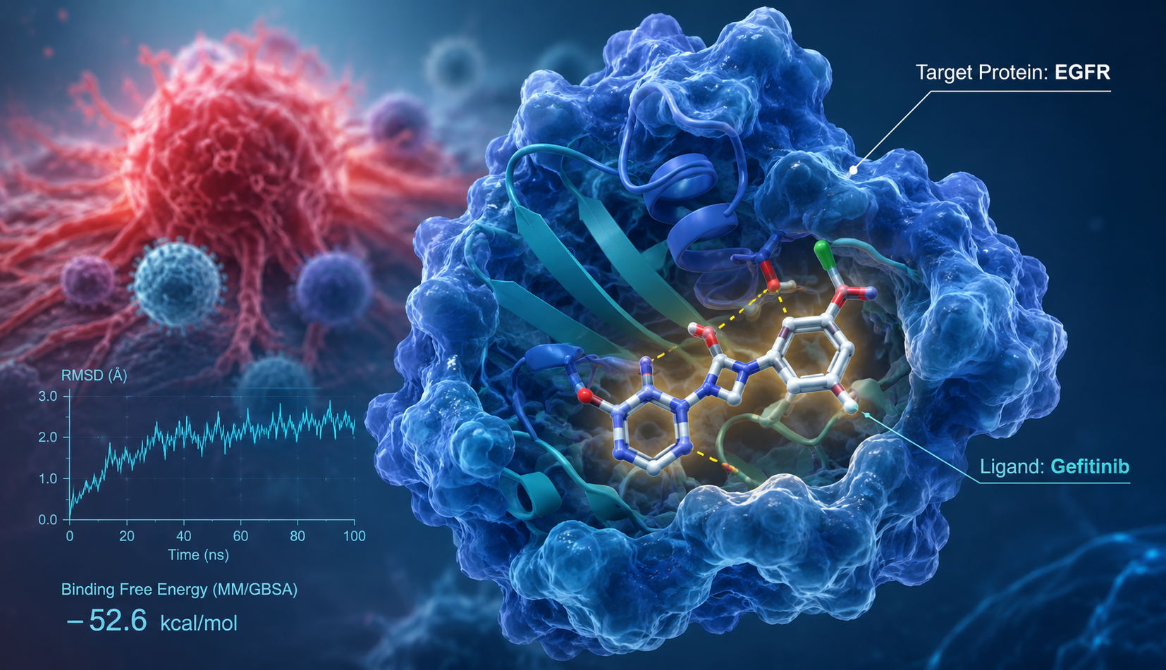 Computational cancer drug discovery showing EGFR target protein, Gefitinib ligand docking, molecular dynamics RMSD graph, and MM/GBSA binding free energy analysis