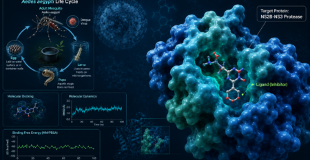 Computational dengue antiviral discovery showing NS2B-NS3 protease target protein, inhibitor ligand docking, molecular dynamics RMSD, and MM/PBSA binding free energy analysis.