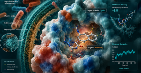 Computational tuberculosis drug discovery showing Mycobacterium tuberculosis, DprE1 target protein, inhibitor docking, molecular dynamics RMSD, and binding energy analysis.