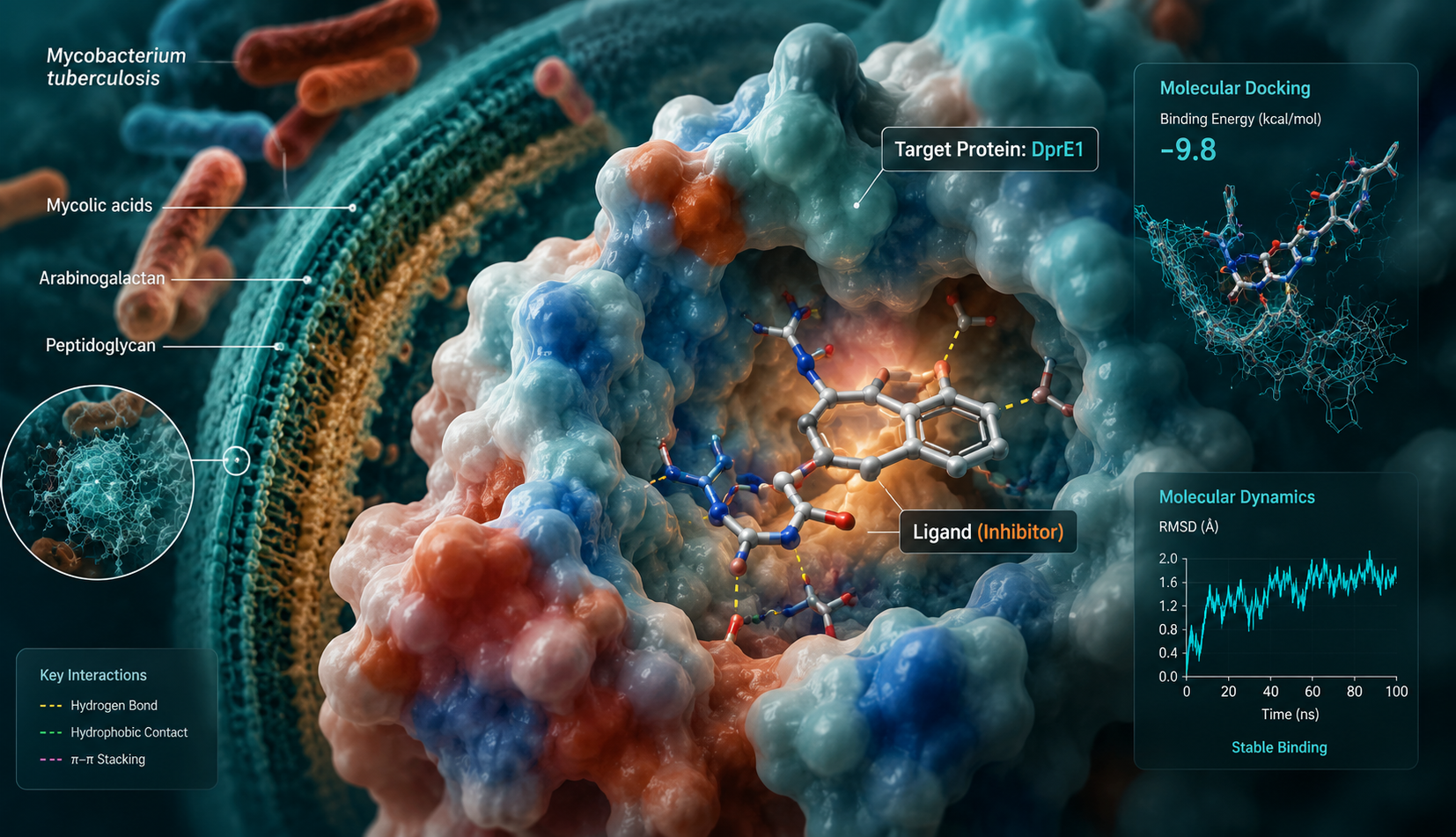 Computational tuberculosis drug discovery showing Mycobacterium tuberculosis, DprE1 target protein, inhibitor docking, molecular dynamics RMSD, and binding energy analysis.