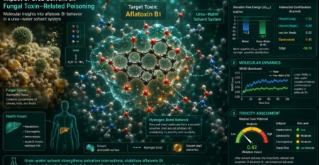 Computational fungal toxin research showing aflatoxin B1 in a urea–water solvent system with hydrogen bond network, solvation free energy, molecular dynamics RMSD, and toxicity assessment.
