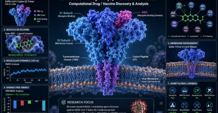 Computational SARS-CoV-2 spike membrane protein research showing spike trimer in lipid bilayer, RBD ligand docking, molecular dynamics RMSD, MM/GBSA binding free energy, ADMET, and key interaction analysis.