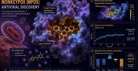 Computational Monkeypox antiviral discovery showing Mpox main protease, inhibitor ligand docking, molecular dynamics RMSD graph, key residue interactions, and MM/GBSA binding free energy analysis.