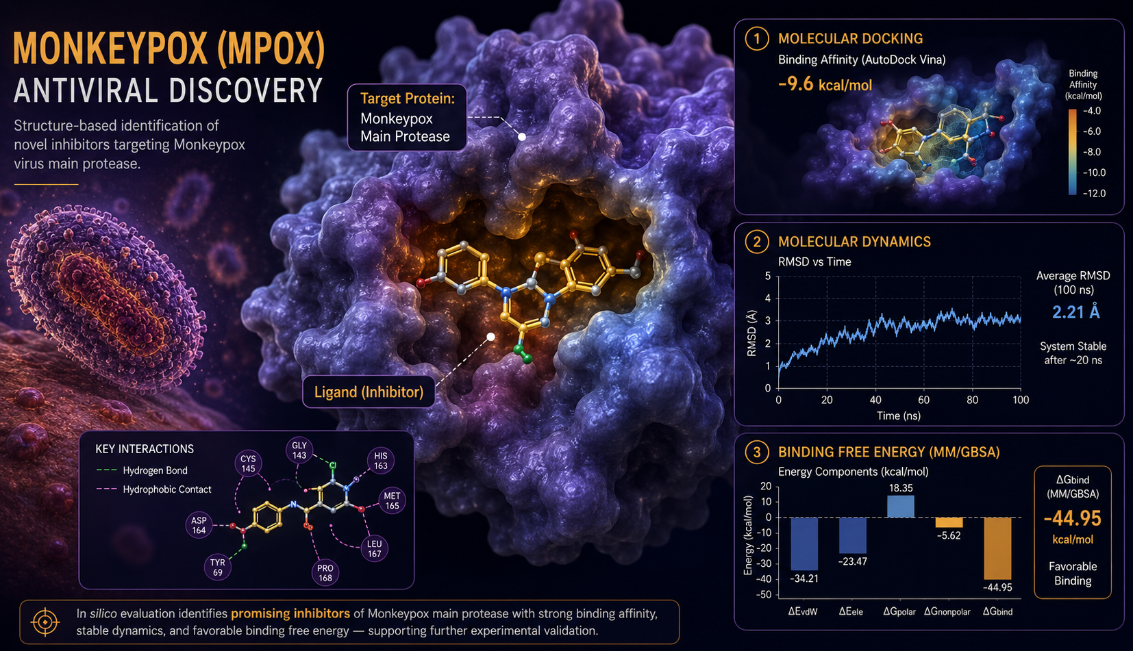 Computational Monkeypox antiviral discovery showing Mpox main protease, inhibitor ligand docking, molecular dynamics RMSD graph, key residue interactions, and MM/GBSA binding free energy analysis.