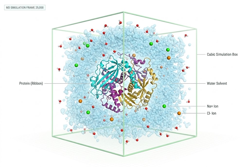 A 3D scientific visualization of a molecular dynamics (MD) simulation box. The transparent cube contains a multi-colored protein (teal, purple, gold), surrounded by water solvent (blue cloud and individual molecules), sodium ions (green spheres), and chloride ions (orange spheres). Text labels point to each component