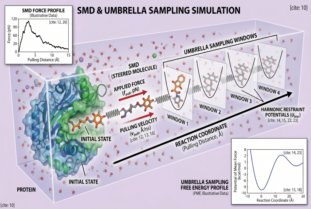 SMD and umbrella sampling simulation workflow showing molecular pulling, sampling windows, and PMF-free energy analysis.