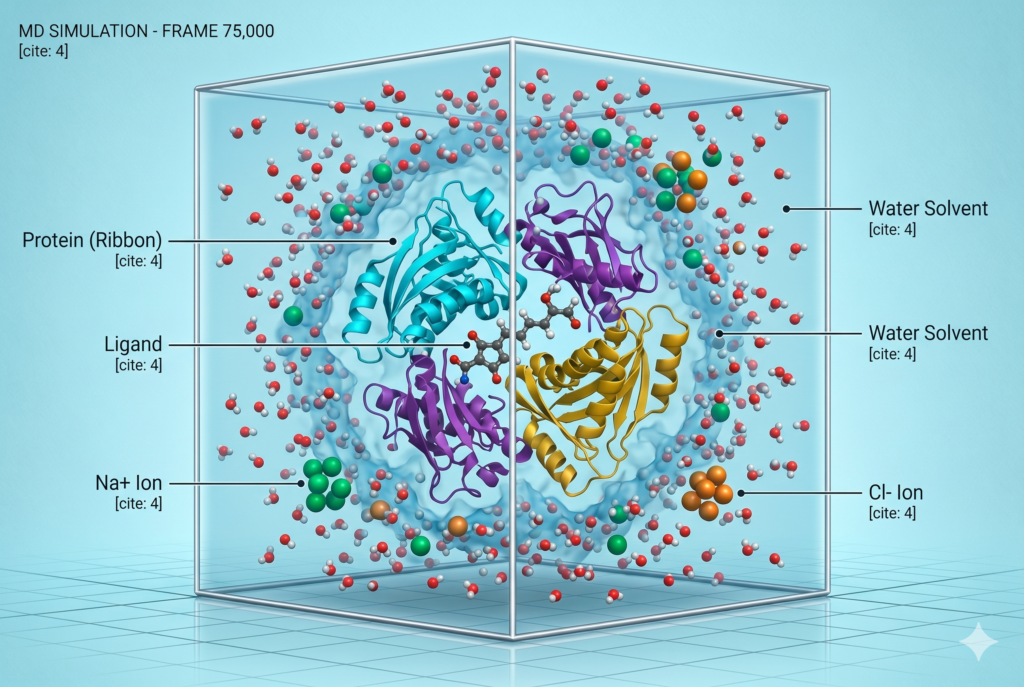 Illustration of a protein–ligand molecular dynamics simulation workflow showing GROMACS setup, CHARMM36 force field, and analysis steps including RMSD, RMSF, Rg, SASA, and binding free energy