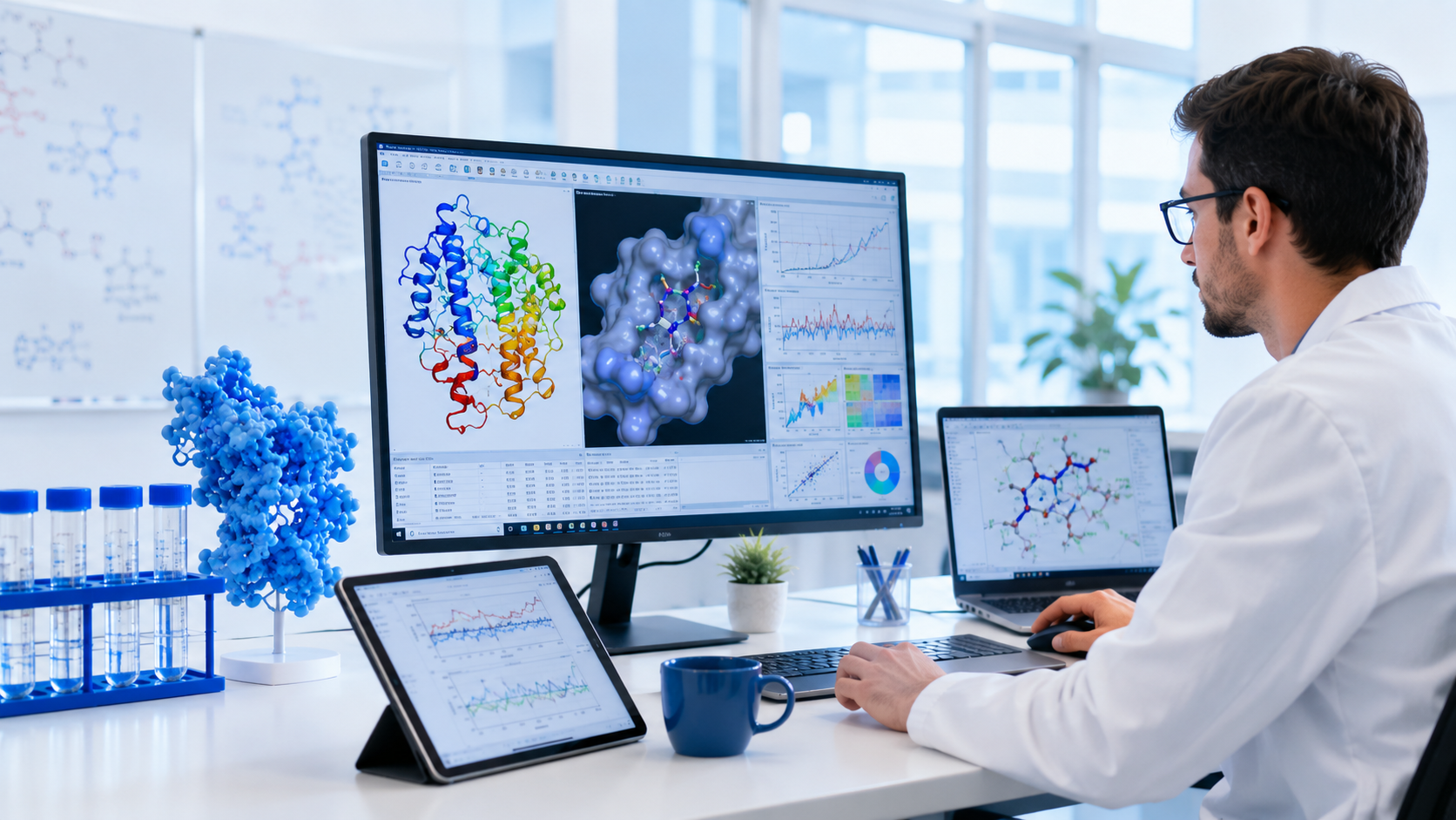 Protein structure, molecular model, and digital scientific network representing AMRA-LAB computational research.