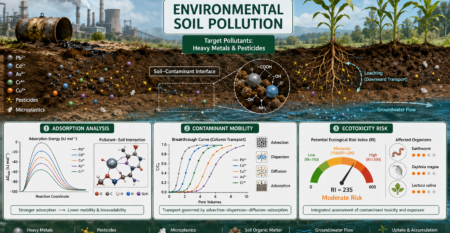 Environmental soil pollution research showing heavy metals, pesticides, microplastics, soil–contaminant interface, groundwater leaching, adsorption analysis, contaminant mobility, and ecotoxicity risk assessment.
