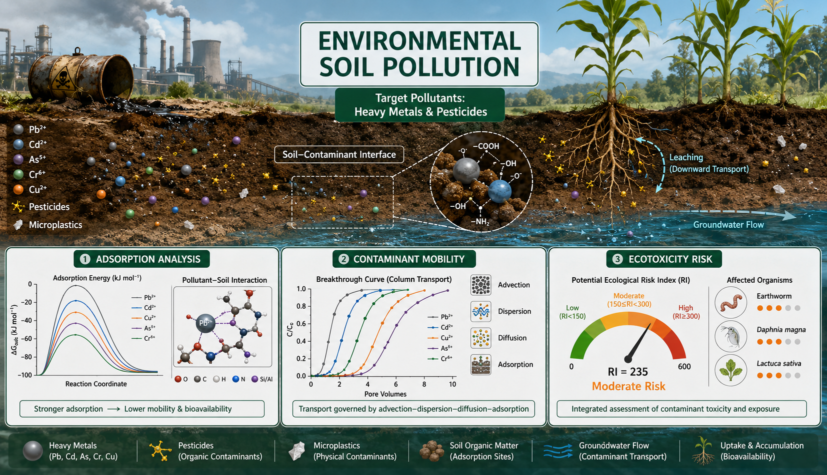 Environmental soil pollution research showing heavy metals, pesticides, microplastics, soil–contaminant interface, groundwater leaching, adsorption analysis, contaminant mobility, and ecotoxicity risk assessment.